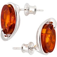 Be-Jewelled Sterling Silver Amber Oval Stud Earrings, Silver/Orange