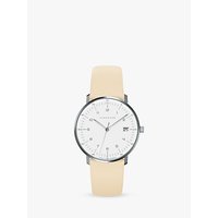 Junghans 047/4252 Women's Max Bill Date Leather Strap Watch, Cream/White
