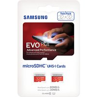Samsung EVO Plus Advanced Performance MicroSDHC UHS-I Memory Card, 32GB, 80MB/s Read Speed, Twin Pack