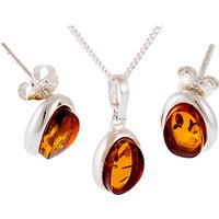 Be-Jewelled Sterling Silver Amber Pendant And Stud Earrings Gift Set, Amber