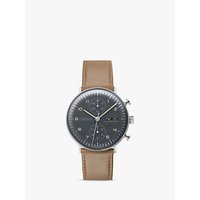 Junghans 027/4501.01 Men's Max Bill Automatic Chronoscope Day Date Leather Strap Watch, Camel/Grey