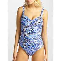 John Lewis Feathered Palm Ruched Cup Control Swimsuit, Blue