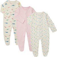 John Lewis Baby GOTS Cotton Dinosaur Sleepsuit, Pack Of 3, Pink/Multi