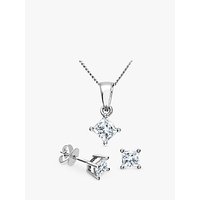 Diamond Collection 18ct White Gold Princess Cut Diamond Solitaire Stud Earrings And Pendant Necklace Jewellery Set, 0.66ct