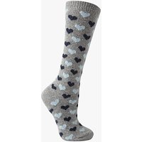 John Lewis Wool Silk Mix Mini Heart Print Knee High Socks, Grey/Navy