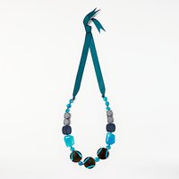One Button Long Beaded Ribbon Necklace, Turquoise/Multi