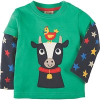 Frugi Organic Baby Cow Applique Long Sleeve T-Shirt, Green/Blue