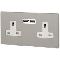 Varilight 13A Brushed Steel Unswitched Double Socket & 2 X USB