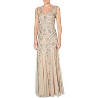 Adrianna Papell Sleeveless V-Neck Beaded Gown, Silver/Nude