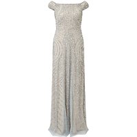 Adrianna Papell Petite Off Shoulder Beaded Gown, Blue Heather/Silver