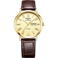 Rotary GS90156/09 Men's Les Originales Windsor Day Date Leather Strap Watch, Brown/Gold