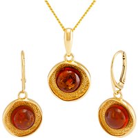 Be-Jewelled Amber Textured Round Pendant Necklace And Drop Earrings Gift Set, Gold/Cognac