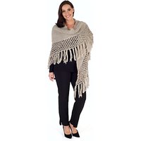 Chesca Wool Blend Large Fringed Shawl With Crocheted Panel - Oatmeal