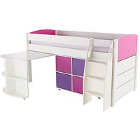 Stompa Uno S Plus Mid-Sleeper With Pull-Out Desk, 3 Drawer Chest And 4 Door Cube Unit - Pink/Purple