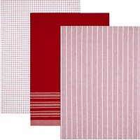 John Lewis Check And Stripe Tea Towels, Set Of 3 - Red