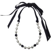 Adele Marie Faux Pearl Velvet Ribbon Tie Necklace - White/Black