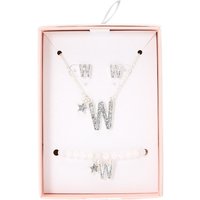 Silver Iridescent Glitter Initial Letter W Jewellery Set