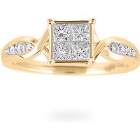 Princess Cut 0.75 Carat Total Weight Diamond Cluster Ring With Diamond Set Shoulders In 18 Carat Yellow Gold