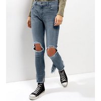 Blue Ripped Knee Fray Hem Skinny Jenna Jeans New Look