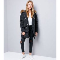 Teens Black Faux Fur Trim Puffer Jacket New Look