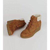 Teens Tan Suedette Shearling Trim Wedge Boots New Look