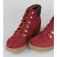 Teens Red Suedette Lace Up Worker Boots New Look