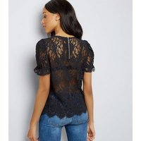 Black Lace Scallop Hem Puff Sleeve Top New Look
