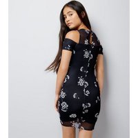 Teens Black Floral Print Mesh Cold Shoulder Dress New Look