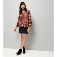 Blue Vanilla Red Floral Print Bell Sleeve Chiffon Top New Look