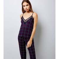 Tall Purple Check Lace Panel Pyjama Cami New Look