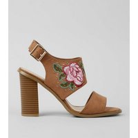 Wide Fit Tan Floral Embroidered Heeled Sandals New Look