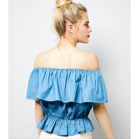 Cameo Rose Blue Embroidered Frill Trim Bardot Neck Top New Look