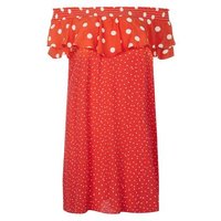 Red Contrast Polka Dot Bardot Neck Dress New Look