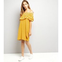 Yellow Contrast Polka Dot Bardot Neck Dress New Look