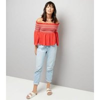 Red Contrast Shirred Panel Bardot Neck Top New Look