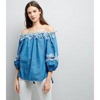 Cameo Rose Pale Blue Lace Trim Bardot Neck Top New Look