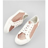 Wide Fit Rose Gold Sequin Panel Lace Up Trainers New Look