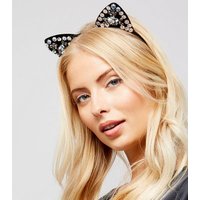 Black Floral Sequin Embellished Cat Ear Headband New Look
