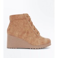 Teens Tan Lace Up Wedge Boots New Look