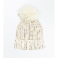 Rose Gold Faux Fur Bobble Beanie New Look
