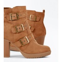 Tan Suedette Stud Buckle Heeled Ankle Boots New Look