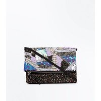 Blue Patchwork Sequin Foldover Clutch New Look
