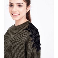 Teens Khaki Floral Lace Trim Knit Jumper New Look