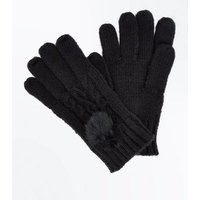 Black Cable Knit Faux Fur Pom Pom Gloves New Look