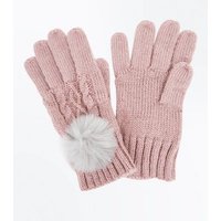 Pink Cable Knit Faux Fur Pom Pom Gloves New Look