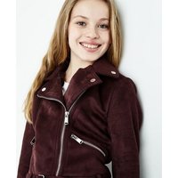 Teens Burgundy Suedette Biker Jacket New Look