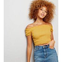 Yellow Shirred Bardot Neck Crop Top New Look