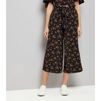 Black Floral Print Tie Waist Cropped Trousers New Look