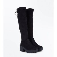 Teens Black Suedette Chunky Knee High Boots New Look