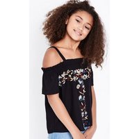 Teens Black Floral Embroidered Bardot Neck Top New Look